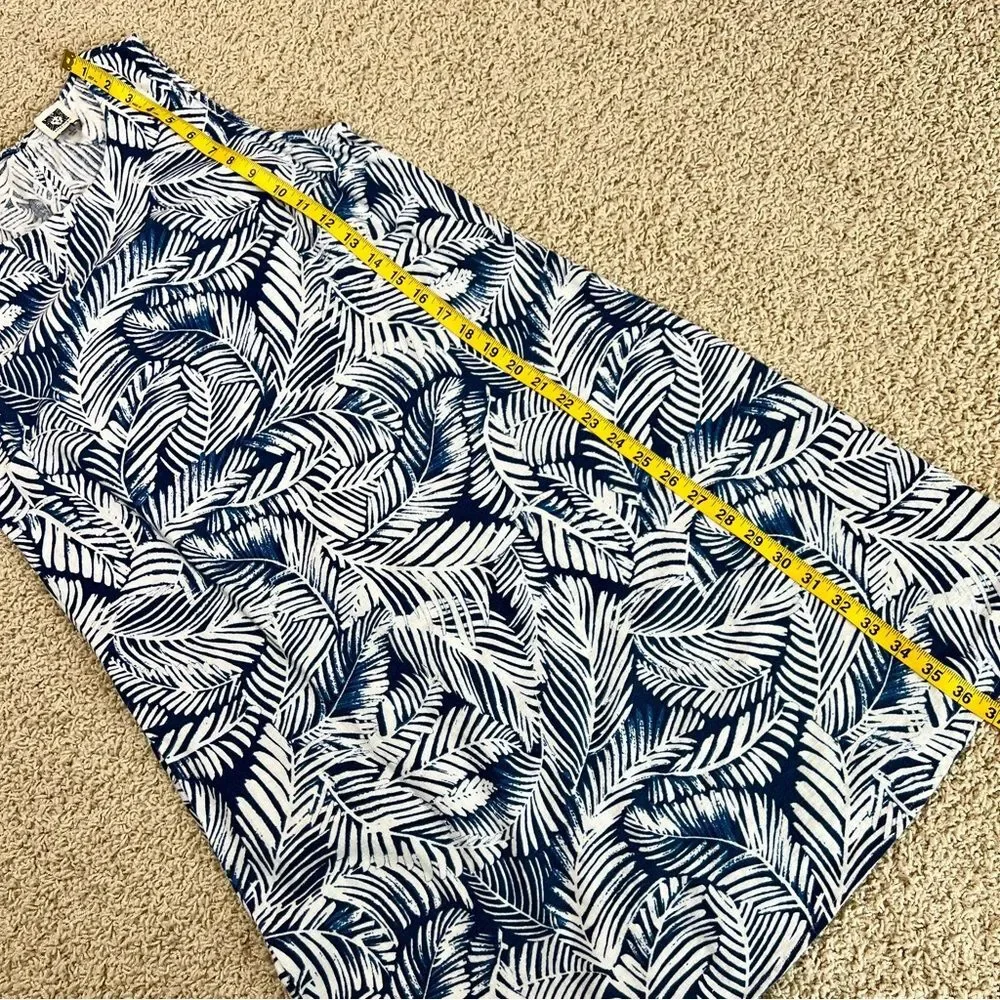 ANNE KLEIN Linen Blend Sleeveless A Line Dress Palm Print Blue White Size 6